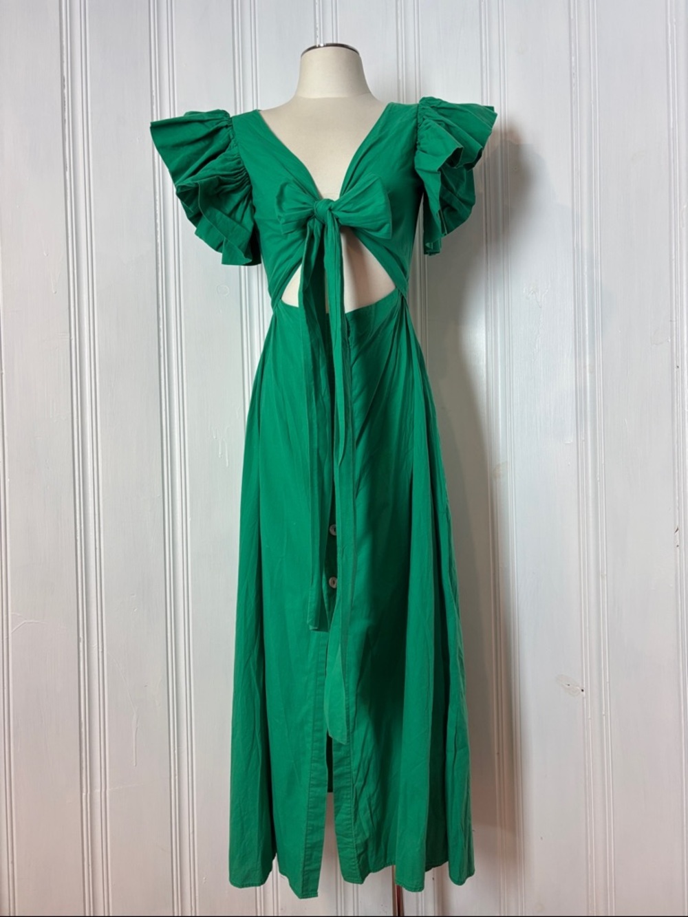 MOFA Emerald Green Cutout Ruffle Sleeve Maxi Dress - Size Medium